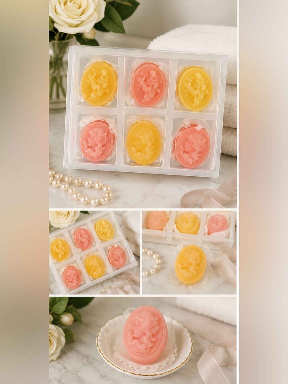 Victorian Decorative Soap Set Pink Yellow Cherub Cameo Gift Box Home Decor